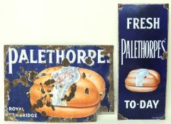 PALETHORPES' 'FRESH TO-DAY' IMPERIAL ENAMEL SIGN, 91.5 x 38cms; together with Palethorpes' Royal