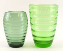 WHITEFRIARS INTERNALLY RIBBED GREEN GLASS VASE, 30cms (h); together with a Whitefriars internally
