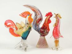 MURANO MULTI-COLOURED GLASS COCKEREL, 39cms (h); together with a coloured glass crowing cockerel