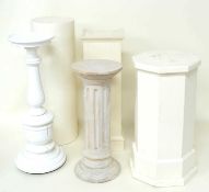 WHITE PAINTED TURNED WOODEN JARDINIÈRE STAND with dish top, 87cms (h), top 25.5cms; and four various