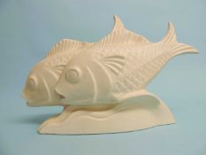 ST CLEMENT WHITE GLAZED POTTERY MODEL of fishes swimming, Art Deco style, unmarked, 30.5 (h) x 49cms