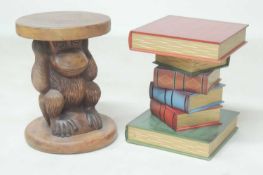 DECORATIVE 'STACKED BOOKS' WINE TABLE, 43 (h) x 33cms (w); together with a carved Eastern hardwood