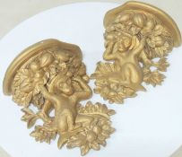 PAIR OF DECORATIVE GILT PLASTER MOULDED & WOODEN MONKEY WALL BRACKETS, probably 1950s, 34 (h) x