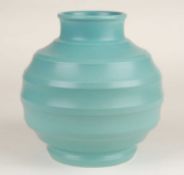 KEITH MURRAY FOR WEDGWOOD: SMALL BLUE RIBBED GLOBULAR VASE, KM factory mark, 15.5cms (h) Provenance: