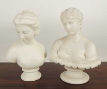 PARIAN BUST OF CLYTIE, possibly Copeland, 29cms (h); together with a Parian bust of a medieval