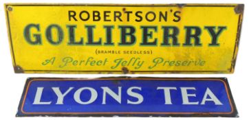 ROBERTSON'S GOLLIBERRY 'A PERFECT JELLY PRESERVE' ENAMEL SIGN, 25.5 x 76cms; together with Lyons Tea