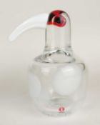 ANU PENTTINEN FOR IITTALA, FINLAND: WHITE SPOTTED CLEAR GLASS BIRD, signed, with original labels,