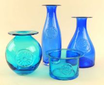 DARTINGTON COLOURED GLASSWARE, including a blue carafe with Union Jack seal, 28cms (h); mallet