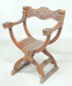 TRADITIONAL CARVED HARDWOOD SAVONAROLA CHAIR, 88 (h) x 63cms (w) Provenance: The collection of