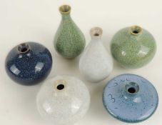 BERTIL LUNDGREN FOR RÖRSTRAND: SIX MINIATURE BOTTLE VASES in various glazes, the tallest 7cms (h) (