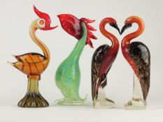 PAIR OF MURANO RED, ORANGE & AVENTURINE GLASS HERONS, 31.5cms (h); together with a green speckled