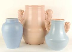 LARGE POOLE PASTEL PINK ART DECO VASE (238) with Fantail dove moulded handles, 38.5cms (h); together