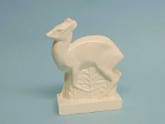 JOHN SKEAPING FOR WEDGWOOD: WHITE GLAZED (MOONSTONE) MODEL of a fawn, impressed marks and printed