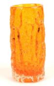 WHITEFRIARS 'BARK' CYLINDRICAL GLASS VASE, designed by Geoffrey Baxter, in Tangerine orange, 23.5cms