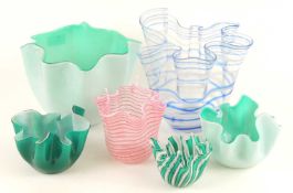 VENINI STYLE WHITE & PINK LATTICINO HANDKERCHIEF VASE, 13.5cms (h); together with a small green