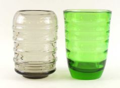 WHITEFRIARS INTERNALLY RIBBED GREEN GLASS VASE, 25cms (h); together with a Whitefriars ribbed smoked