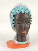 GOLDSCHEIDER ART DECO BUST of a stylised lady, blue, cream, and orange glaze, black printed