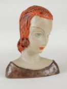 GOLDSCHEIDER ART DECO BUST of a stylised lady, orange, beige, and brown glaze, black printed