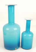 TWO HOLMEGAARD GULVVASES, in turquoise with white interiors, the larger having maker's label, 44.