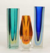 THREE MURANO SOMMERSO GLASS VASES: tall square blue cased in yellow and clear, 31cms (h); faceted