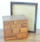 MODERN WOODEN APOTHECARY STYLE CHEST, 34 (h) x 37.5cms (w); together with a wooden framed tabletop