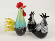 THREE MURANO GLASS COCKERELS, including pair of black and white speckled birds, 18.5cms (h); and one