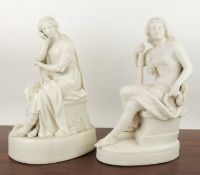 TWO VICTORIAN PARIAN FIGURES, being a medieval maiden in thought, 31cms (h); and a female warrior,