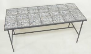 1960s TILE TOPPED & METAL FRAMED COFFEE TABLE in the manner of Fornasetti, 50 (h) x 108 (l) x