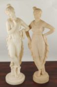 CAST PLASTER FIGURE OF A GRECIAN LADY, 65cms (h); together with a similar resin figure, 64cms (h) (