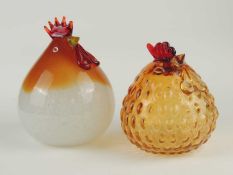 TWO MURANO FREE FORM BLOWN GLASS COCKEREL SPHERES, one amber and white, 22cms (h), the other knobbly