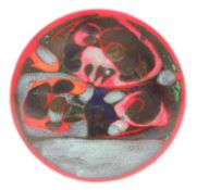 POOLE DELPHIS CIRCULAR PLAQUE, decorated with abstract forms in deep reds, orange, and blue,