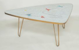 MID-CENTURY MOSAIC GLASS-TOPPED & BRASS COFFEE TABLE, 53 (h) x 125 (l) x 66cms (w) Provenance: The