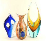 LARGE STYLISH MURANO COLOURED GLASS ELONGATED FLARED BOWL, 48cms (h); together with a dark blue