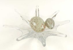 DAUM CLEAR CRYSTAL STARFISH SHALLOW BOWL, 42cms (diam.); together with two decorative glass eggs,
