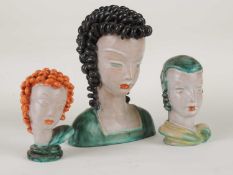 GOLDSCHEIDER ART DECO BUST of a stylised lady, black and green glaze, black printed backstamp to