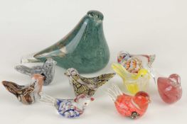 NUMBER OF DECORATIVE GLASS BIRDS, including a large Chinese made mottled green bird after Iittala,