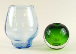WHITEFRIARS SAPPHIRE VASE by Barnaby Powell, 25cms (h); together with a heavy green tinted glass