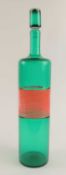 VENINI & CO., MURANO GREEN GLASS BOTTLE with a central red latticino band, with stopper, acid