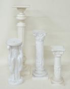WHITE PAINTED WOODEN TORCHÈRE, 110cms (h); two cast plaster column stands, 75cms (h) and 56cms (