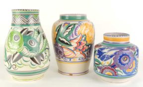 POOLE RED EARTHENWARE VASE, shape no. 337, green, 25cms (h); together with a CSA vase (115), by