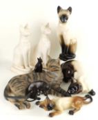 NUMBER OF CAT ORNAMENTS, including a large resin reclining tabby cat, 38cms; a bronze model of a cat