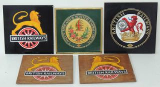 LMS RAILWAY COMPANY FRAMED COMPANY LOGO, 48cms²; together with four British Railways transfer