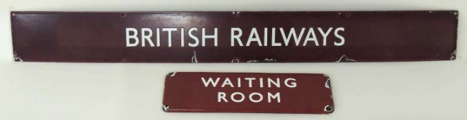 BRITISH RAILWAYS (M) SIGN, 128 x 14.5cms; together with 'WAITING ROOM' sign, 45.5 x 14cms (2)
