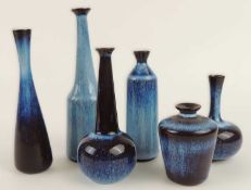 GUNNAR NYLUND FOR RÖRSTRAND: SIX MINIATURE BOTTLE VASES, all decorated in blue, hare's fur type