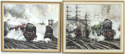 BERNARD JONES (contemporary) two oils on canvas - 'LNER Loco Pulling Away', signed and dated 1988,