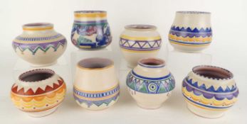EIGHT CARTER, STABLER & ADAMS SMALL VASES, including Bluebird (349) by Eileen Prangnell (1924-37),