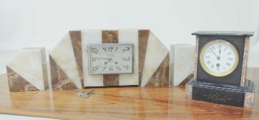 FRENCH ART DECO COLOURED MARBLE CLOCK GARNITURE, dial signed 'M. Godchot, Paris', striking movement,