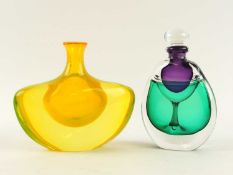 KARLIN RUSHBROOKE STUDIO GLASS BOTTLE, finished in green, purple, and clear glass, with stopper,