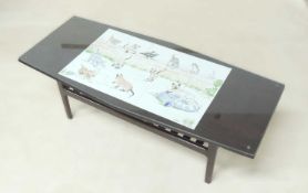 MID-CENTURY TILE TOPPED COFFEE TABLE, 'For Cat Lovers Everywhere', centred with tiles hand-decorated
