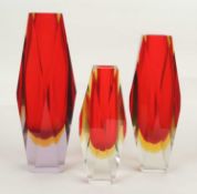 MURANO SOMMERSO FACETED GLASS VASES, set of three graduated, red cased in clear and yellow, 29.